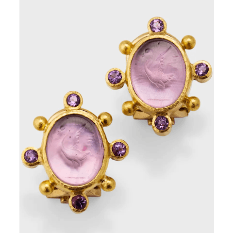 Vertical 19KT Yellow Gold Oval Crane Round Brilliant Stud Earring