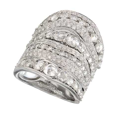 Vertical 18K White Gold Rose Cut and Round Diamond Alternating Eight-Row Ring