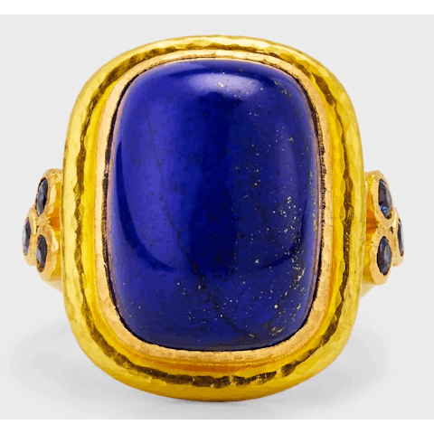 Vertical 19KT Yellow Gold Cushion Cut Lapis 6 Round Brilliant Blue Sapphire Ring