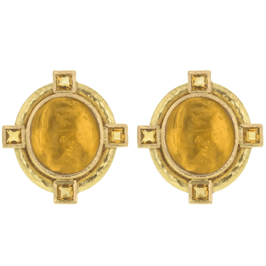 Vertical 19KT Yellow Gold Cabochon Oval Citrine Citrine Bezel Stud Earring
