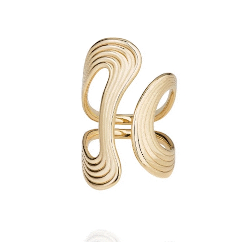 Vertical 18K Yellow Gold Stream Lines Open Ring