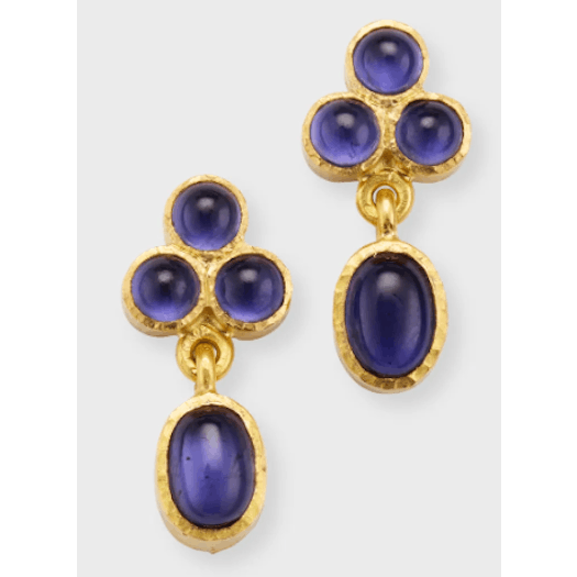 Vertical 19KT Yellow Gold Trio Cabochon Oval Earrings