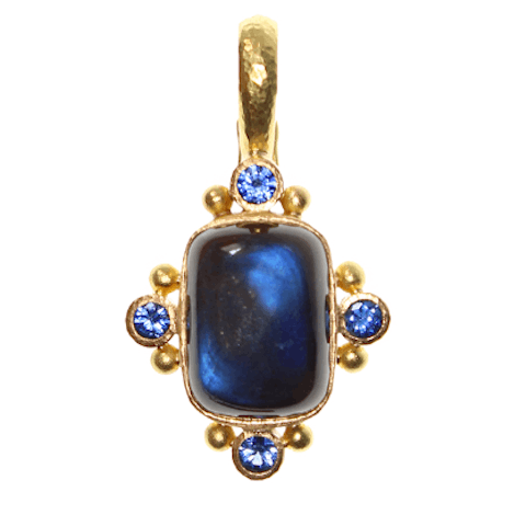 Vertical 19KT Yellow Gold Cushion Cut 4 Round Brilliant Blue Sapphire Pendant