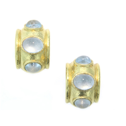 Vertical 19KT Yellow Gold 6 Cabochon Oval Aquamarine Bezel Huggie Hoop Earrings