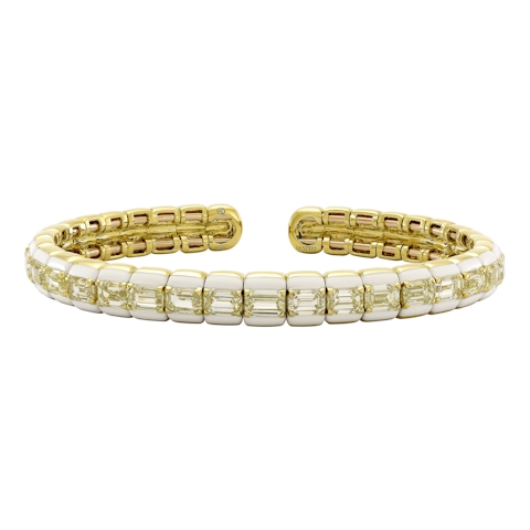 Vertical 18K Yellow Gold White Ceramic and Emerald Cut Yellow Diamond Flexie Cuff