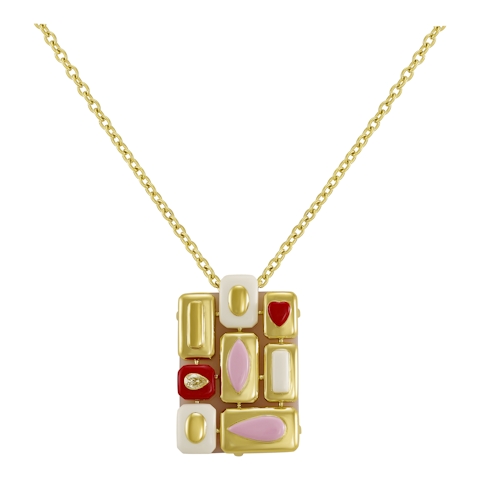 Vertical 18K Yellow Gold Harlequin Diamond, Pink Opal, and White Ceramic Pendant Necklace