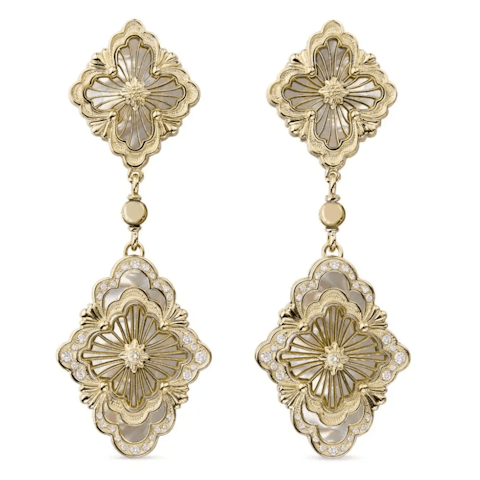 Vertical 18K Yellow and White Gold Opera Tulle Earrings with Diamonds and Mother of Pearl