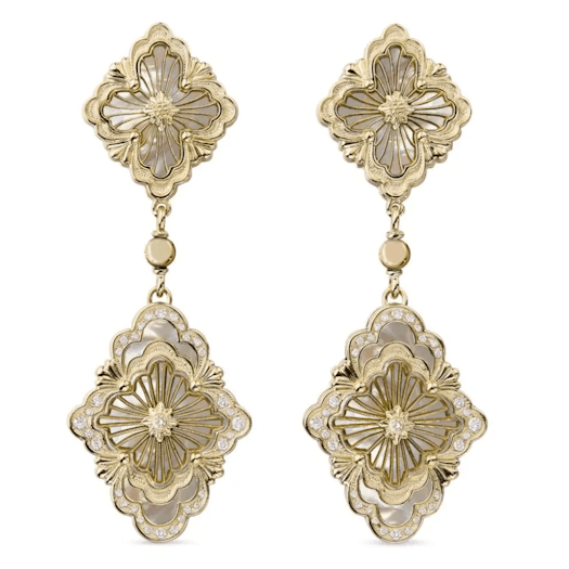 Vertical 18K Yellow and White Gold Opera Tulle Earrings with Diamonds and Mother of Pearl