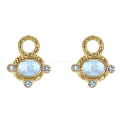 Vertical 19KT Yellow Gold Horizontal Cabochon Oval Aquamarine 6 Round Brilliant Aquamarine Bezel Earring Pendant