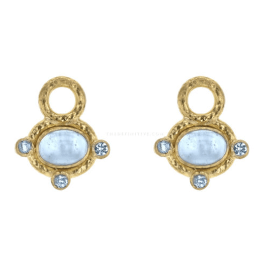 Vertical 19KT Yellow Gold Horizontal Cabochon Oval Aquamarine 6 Round Brilliant Aquamarine Bezel Earring Pendant