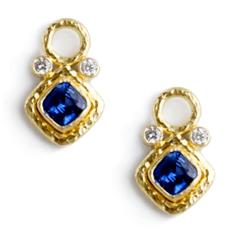 Vertical 19KT Yellow Gold Cushion Cut Blue Sapphire Round Brilliant Diamond Bezel Earring Pendant