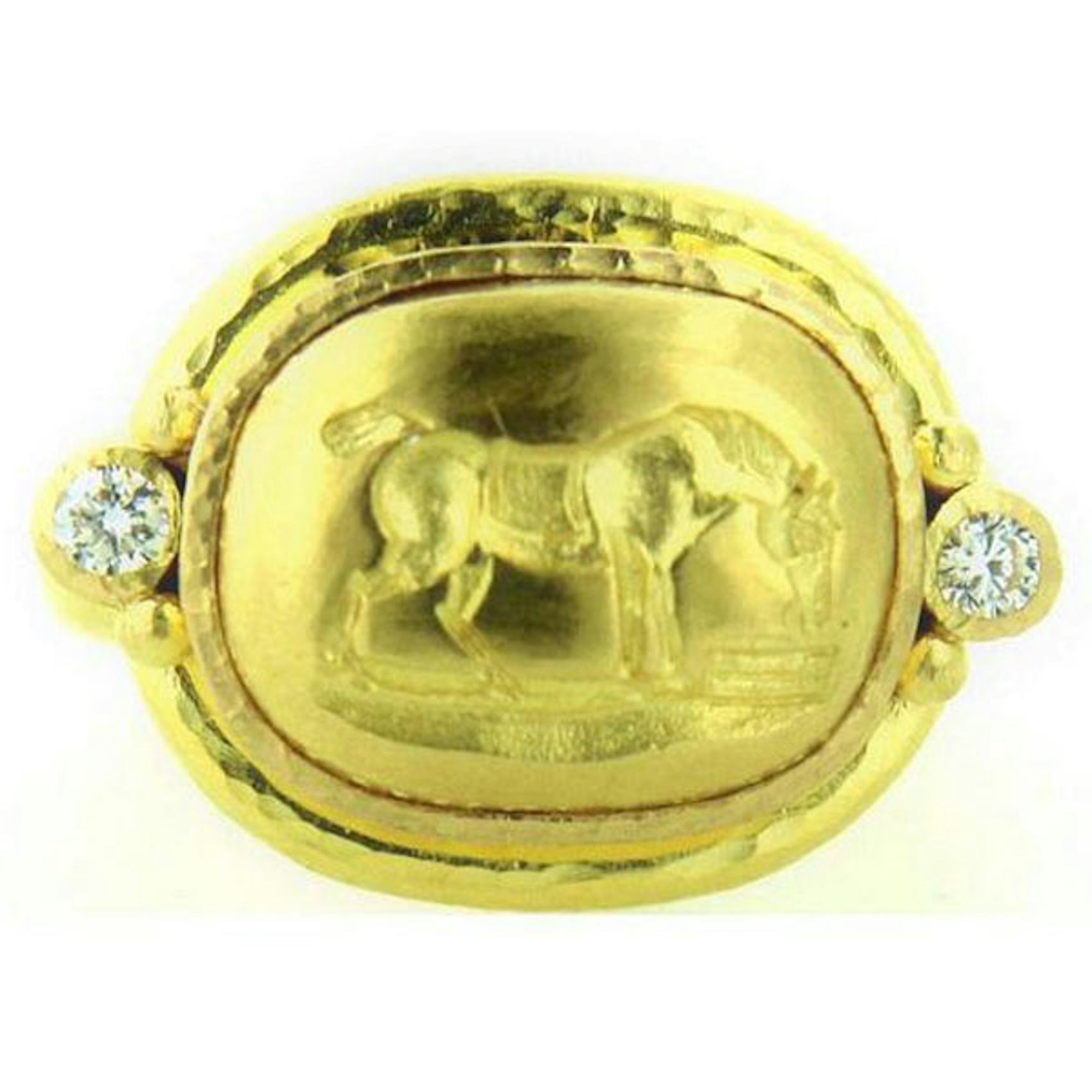 Vertical 19KT Yellow Gold Oval Engraved 2 Round Brilliant Diamond Ring