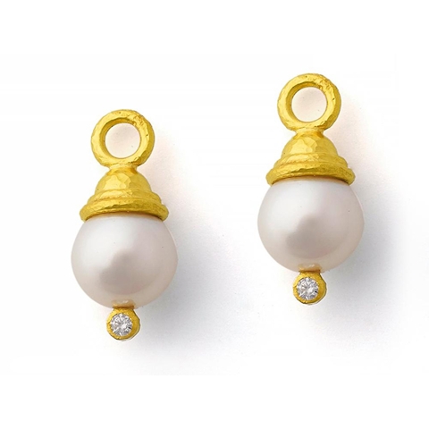 Vertical 19KT Yellow Gold White Pearl Round Brilliant Diamond Earring Pendant