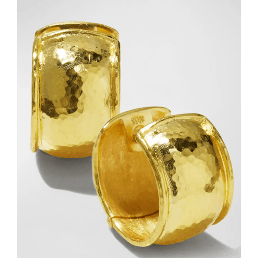 Vertical 19KT Yellow Gold Curved Wide Hammered Hoop Earrings