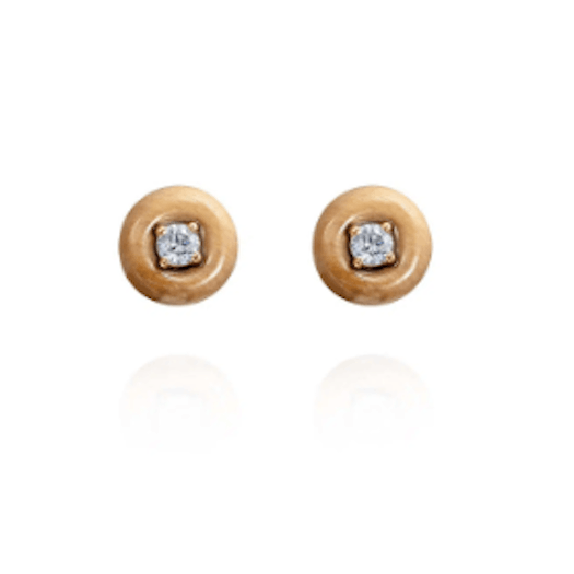 Vertical 18K Yellow Gold Surround Orbit Round Diamond and Petrified Wood Stud Earrings