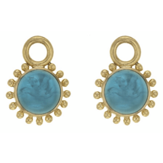 Vertical 19KT Yellow Gold Tiny Griffin Teal Venetian Glass Granulated Halo Earring Pendant