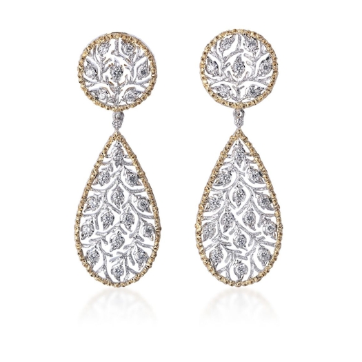 Vertical 18K White and Yellow Gold Ramage Earrings with Diamonds