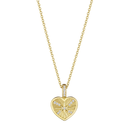 Vertical 18KT Yellow Gold Starburst Round Brilliant Diamond Heart Pendant