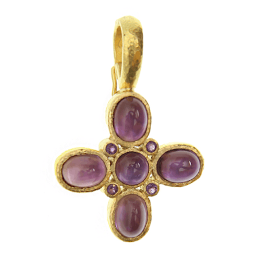 Vertical 19KT Yellow Gold Cabochon Oval Round Brilliant Cross Pendant