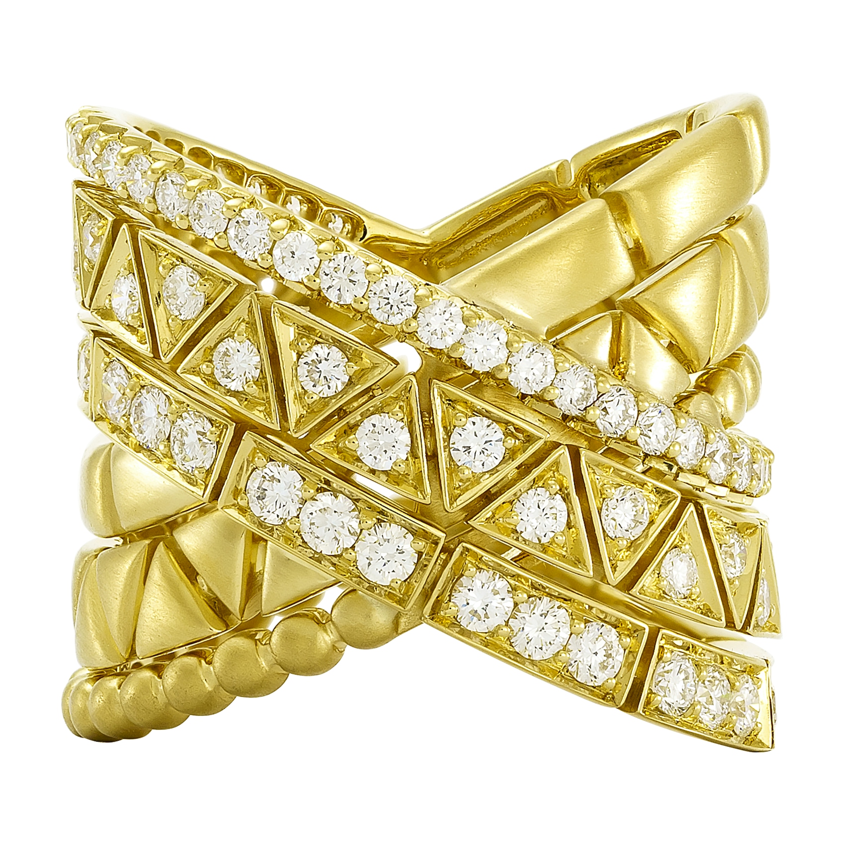 Vertical 18KT Yellow Gold Pave Diamond Crossover Ring