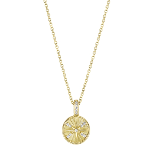 Vertical 18KT Yellow Gold Starburst Round Brilliant Diamond Round Pendant