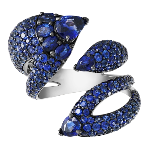 Vertical 18K White Gold Blue Sapphire Bypass Ring