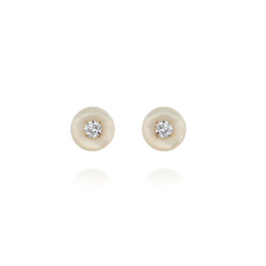 Vertical 18K Yellow Gold Surround Orbit Round Diamond and Mother of Pear Stud Earrings
