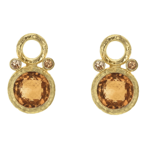 Vertical 19KT Yellow Gold Round Brilliant Citrine 4 Round Brilliant Garnets Bezel Earring Pendant