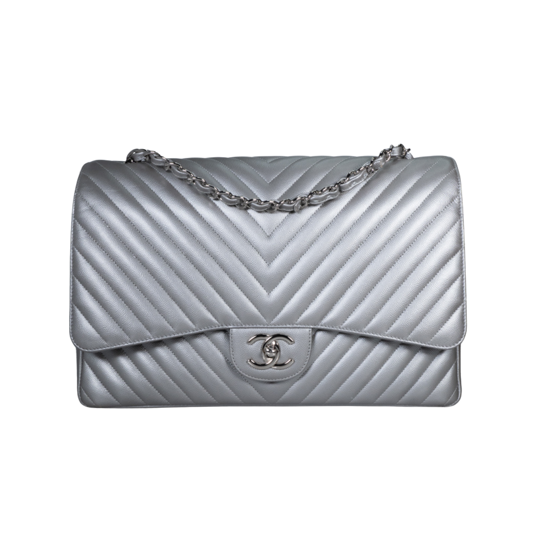 Image #1 Chevron Caviar Classic Double Flap Maxi Silver