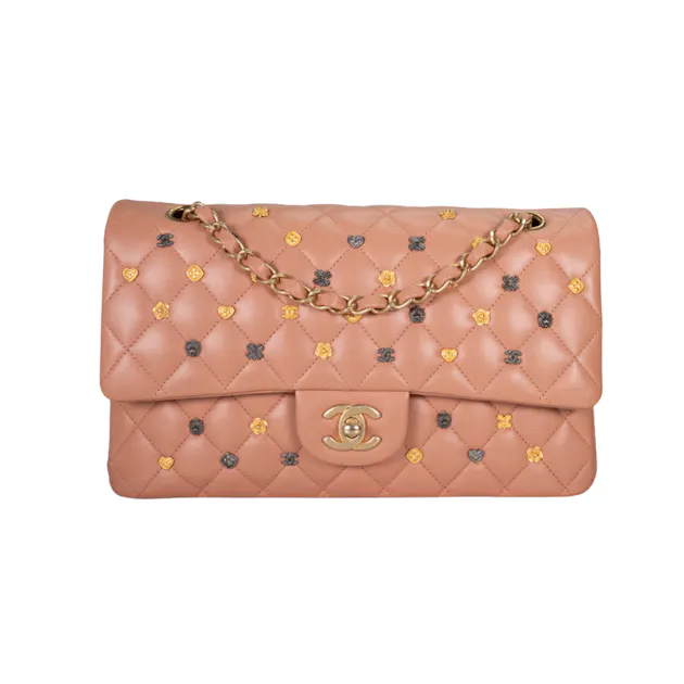 Chanel Quilted Lambskin 18K Charms Double Flap Medium Pink