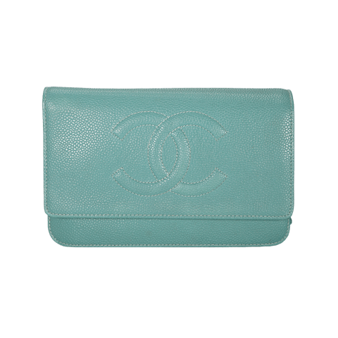 Image #1 Caviar Leather Wallet On A Chain Blue with Silver Hardware