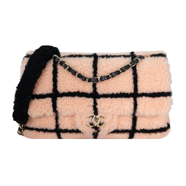 Chanel Tartan Shearling Classic Single Flap Medium Beige Black