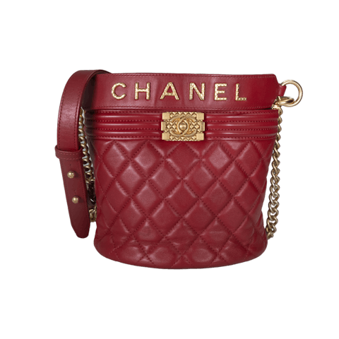 Image #1 Quilted Lambskin Bucket Bag Small Red