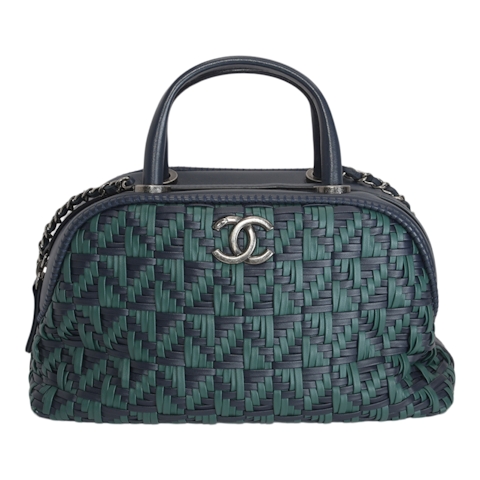 Image #1 Weaved Leather Mini Bowler Bag Green And Blue with Silver Hardware