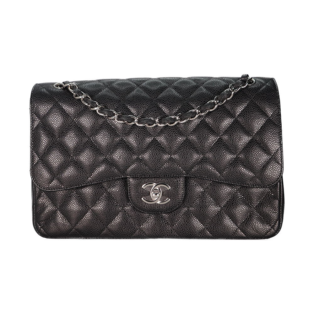 Image #1 Quilted Caviar Jumbo Double Flap Black with Silver Hardware