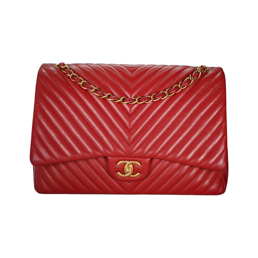 Image #1 Chevron Lambskin Leather Maxi Double Flap Red with Gold Hardware