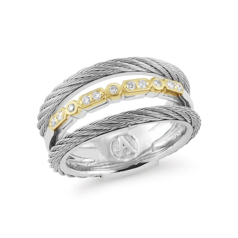 Vertical Stainless Steel and 18K Yellow Gold Classique Diamond Grey Cable 3-Row Band