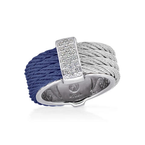 Vertical Stainless Steel and 18K White Gold Classique Diamond Blueberry and Grey Cable 4-Row Band