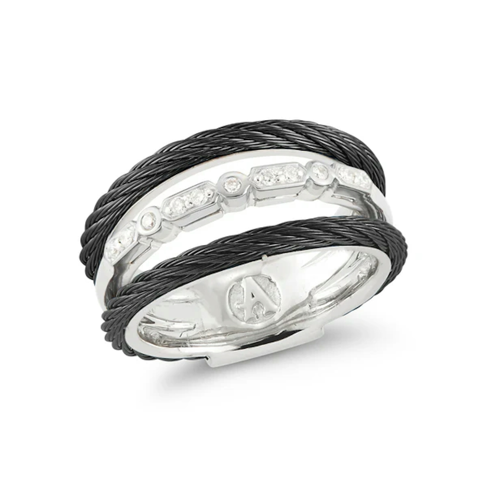 Vertical Stainless Steel and 18K White Gold Noir Diamond Black Cable 3-Row Band