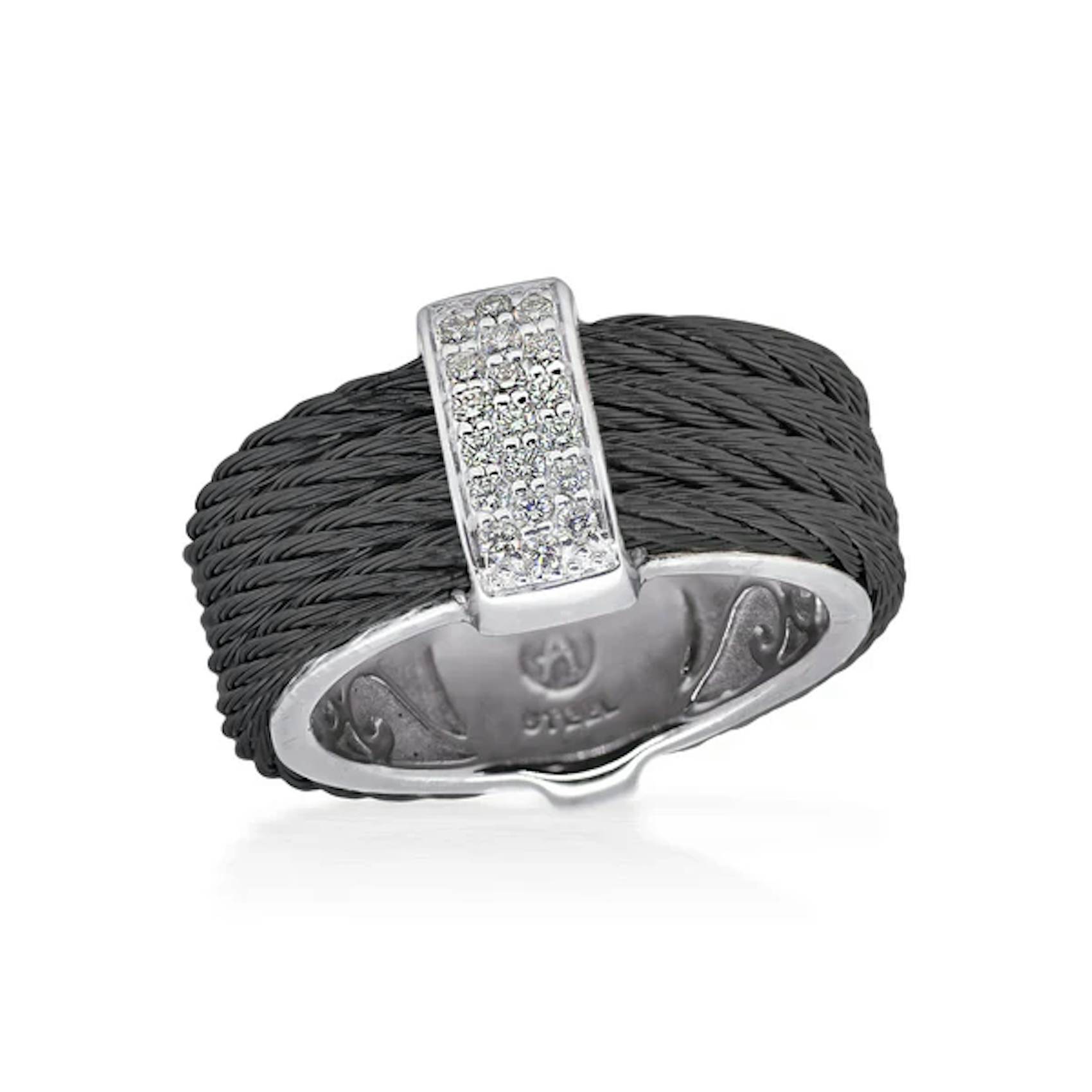 Vertical Stainless Steel and 18K White Gold Noir Diamond Black Cable 4-Row Band