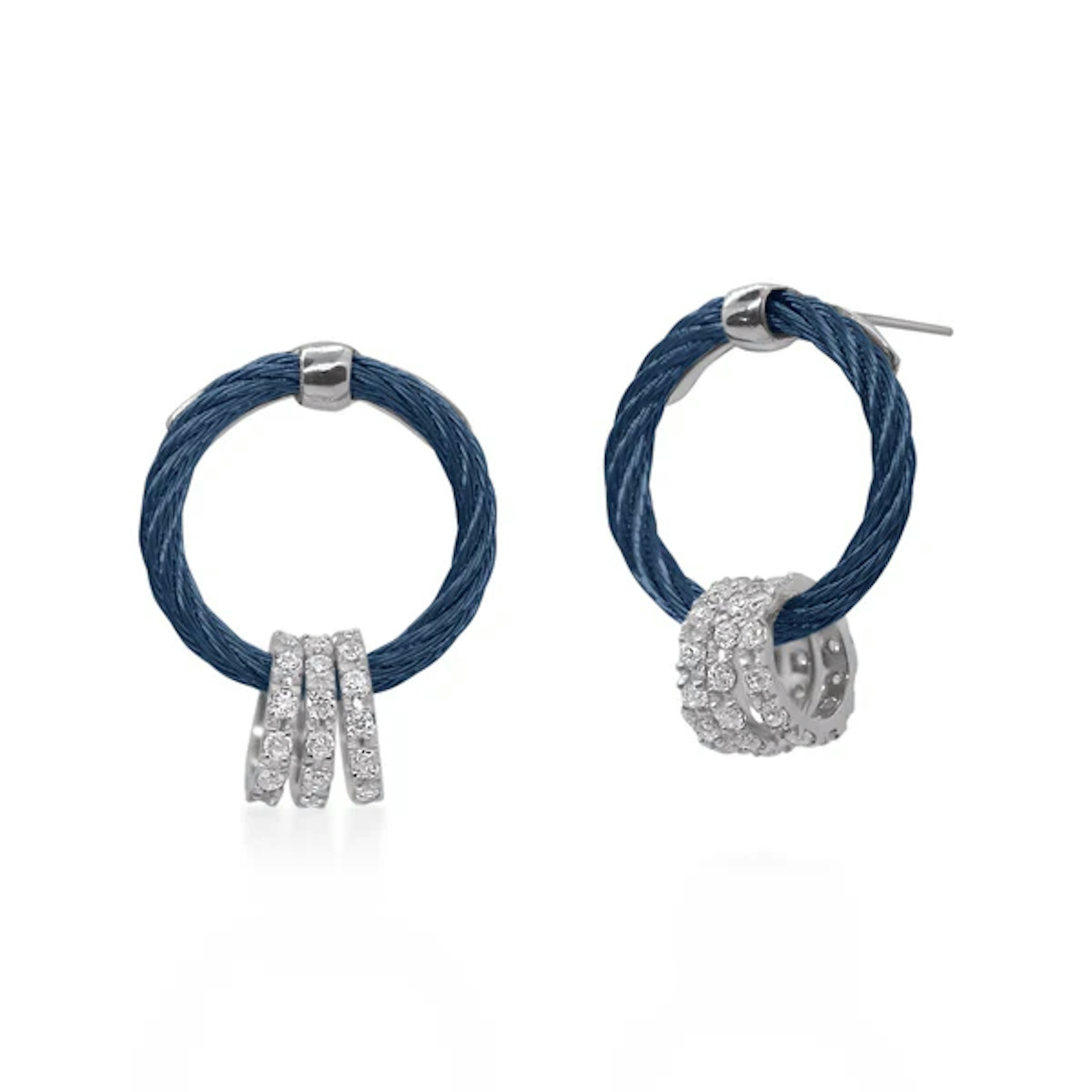 Vertical Stainless Steel, 18K White and Yellow Gold Classique Diamond Blueberry Cable Earrings