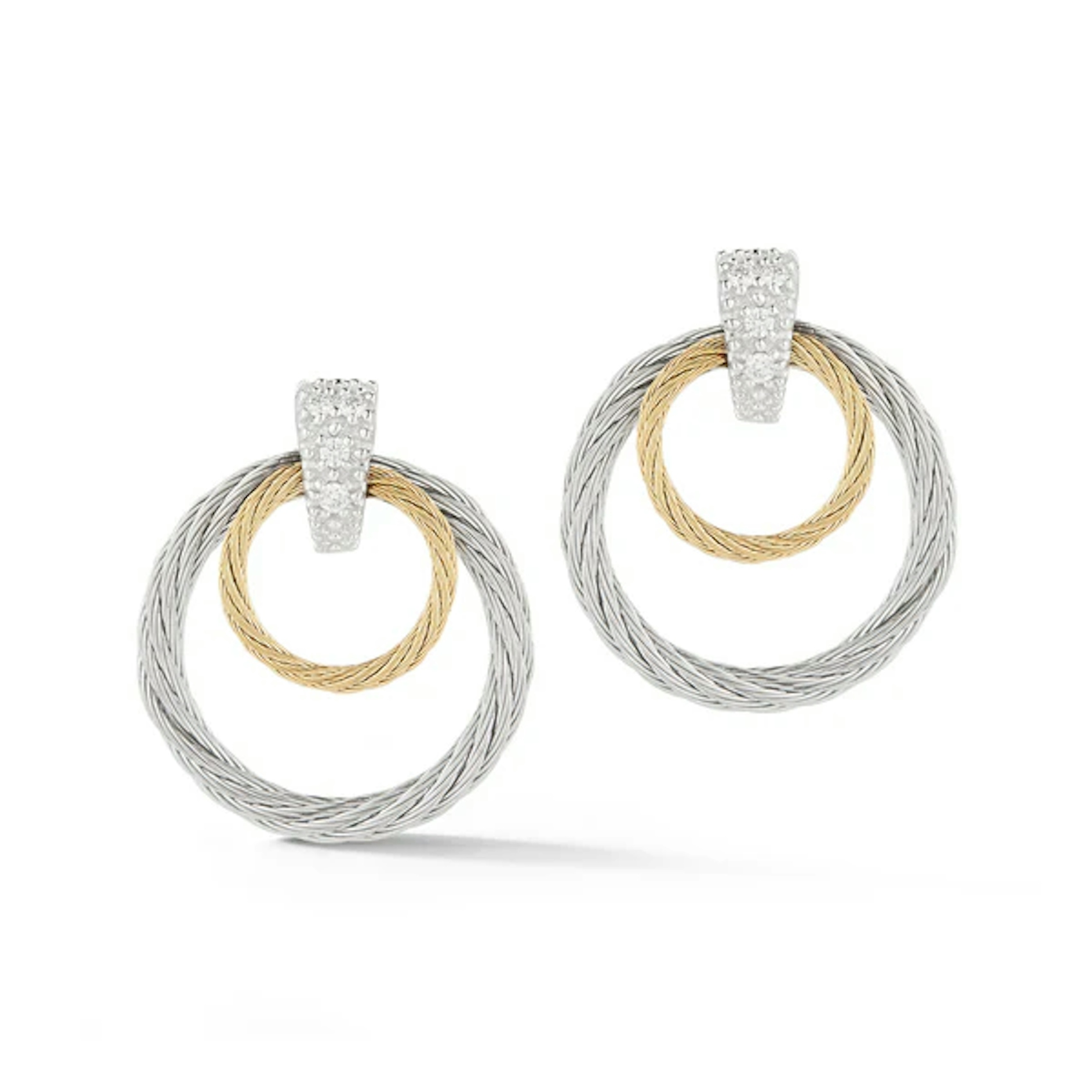 Vertical Stainless Steel, 18K White and Yellow Gold Classique Diamond Grey and Yellow Cable Earrings