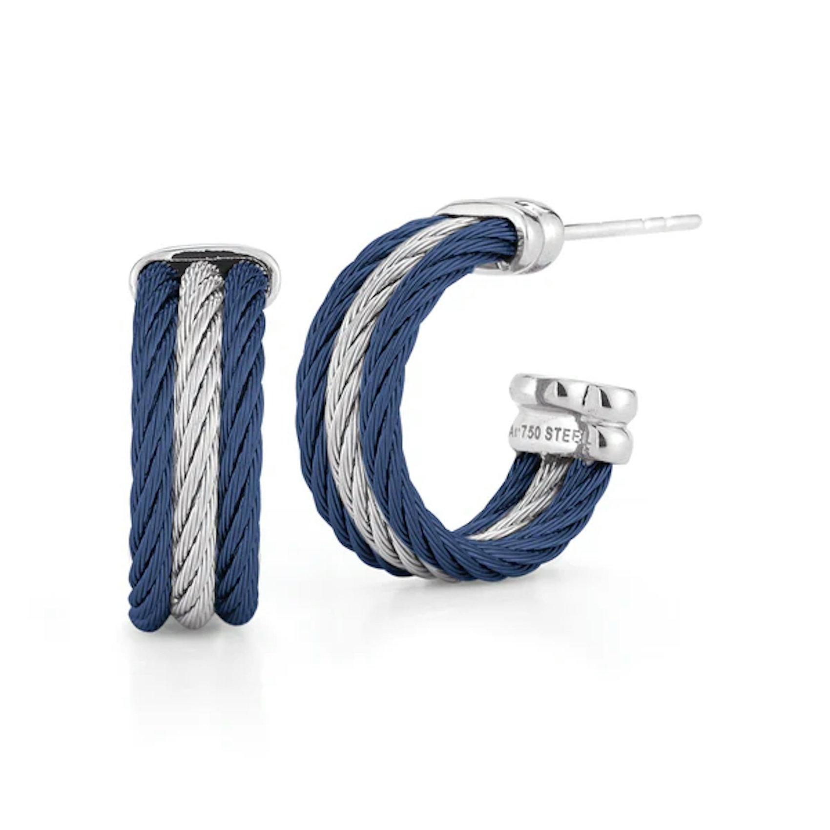 Vertical Stainless Steel and 18K White Gold Classqiue Blueberry and Grey Cable 3-Row Earrings