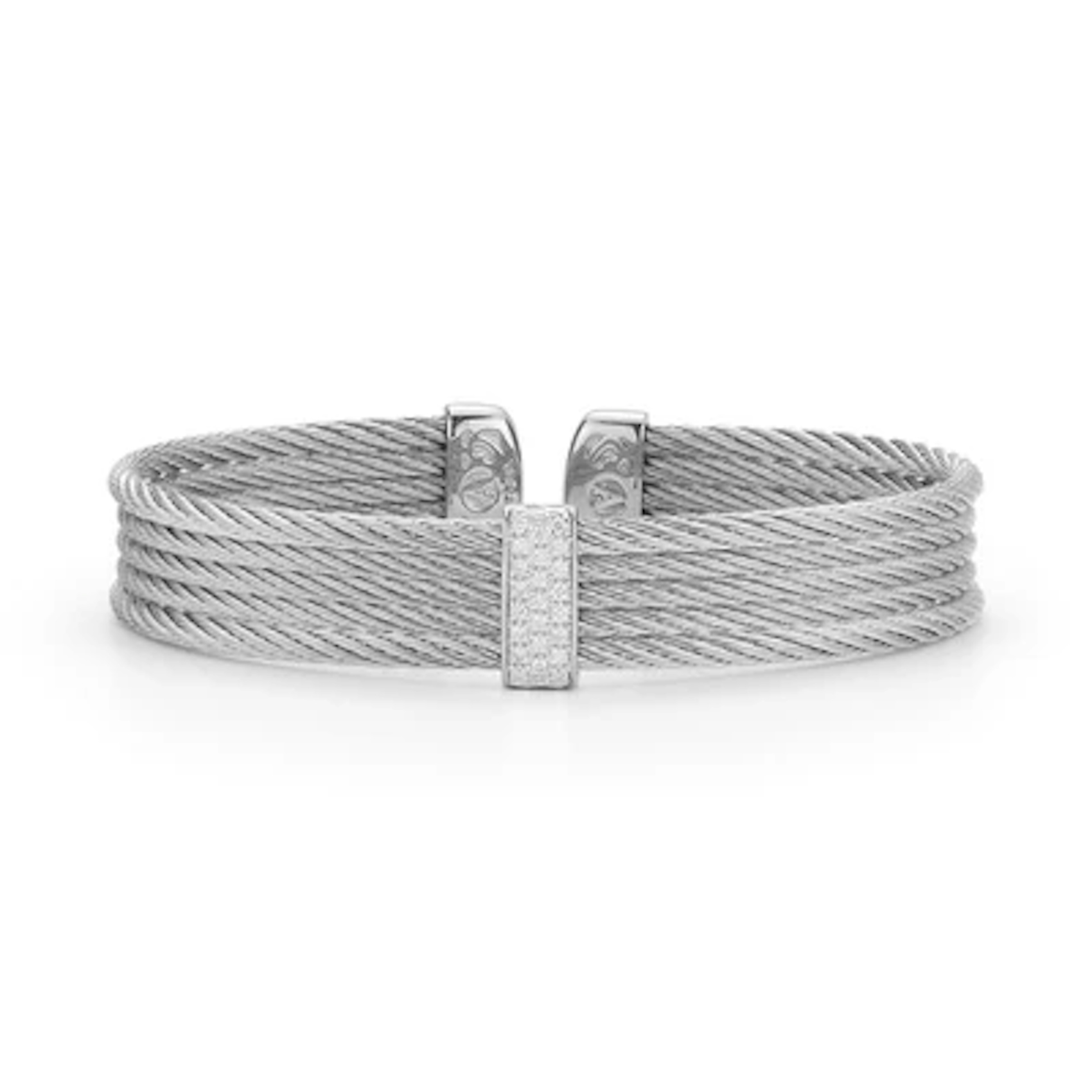 Vertical Stainless Steel and 18K White Gold Classique Diamond Grey 4-Row Cable Bangle