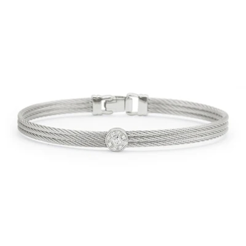 Vertical Stainless Steel and 18K White Gold Classique Diamond Grey Cable 3-Row Bangle