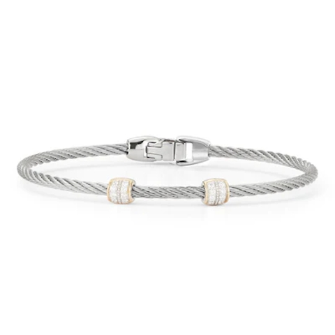Vertical Stainless Steel and 18K Yellow Gold Classique Diamond Grey Cable Bangle
