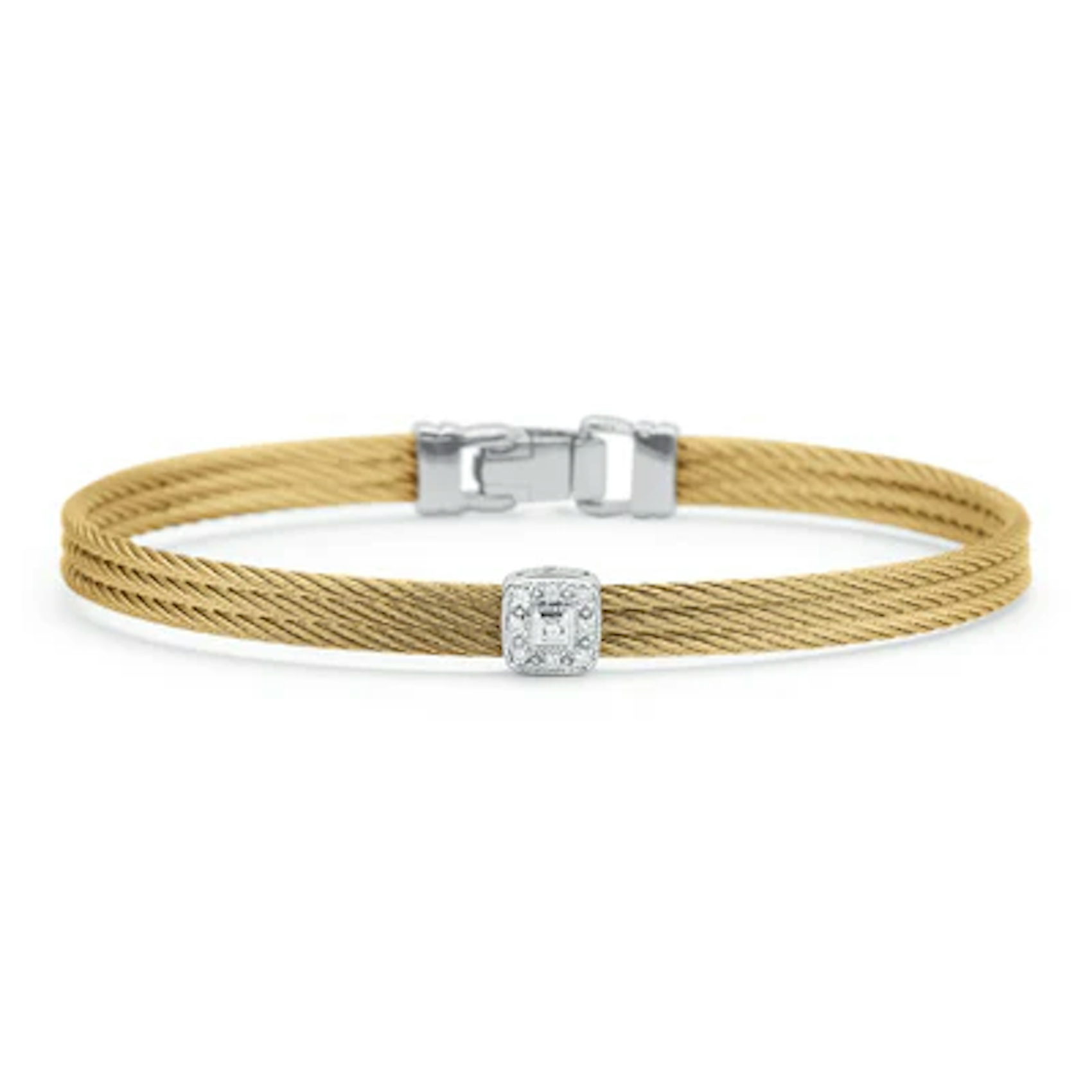Vertical Stainelss Steel and 18K White Gold Classique Diamond Yellow Cable 3-Row Bangle