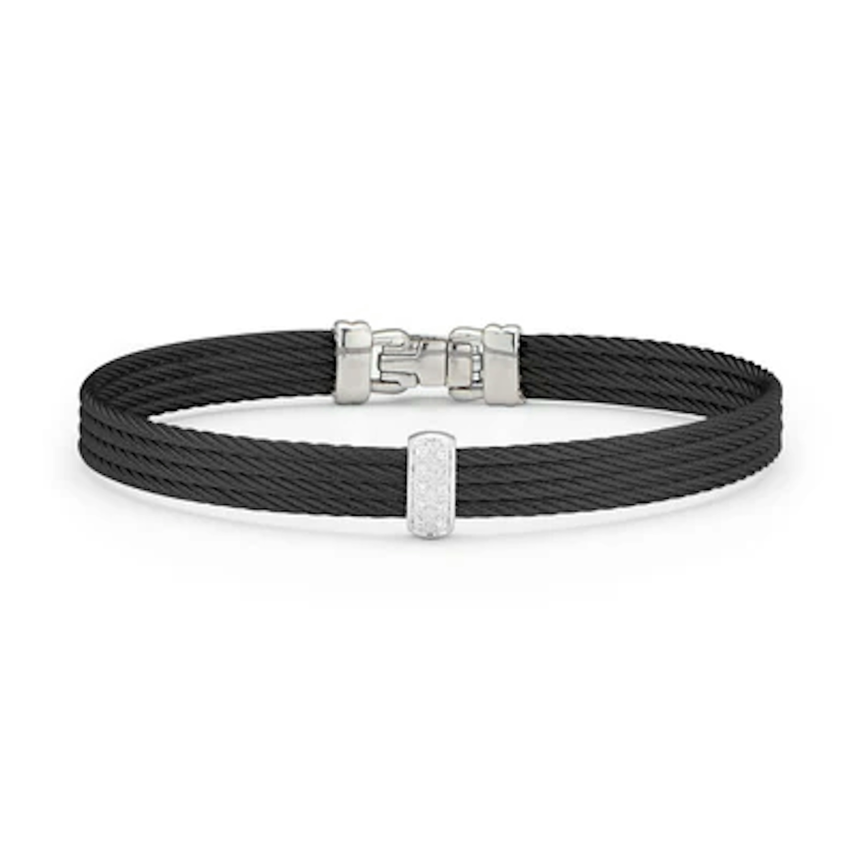 Vertical Stainless Steel and 18K White Gold Noir Diamond Black Cable 4-Row Bangle