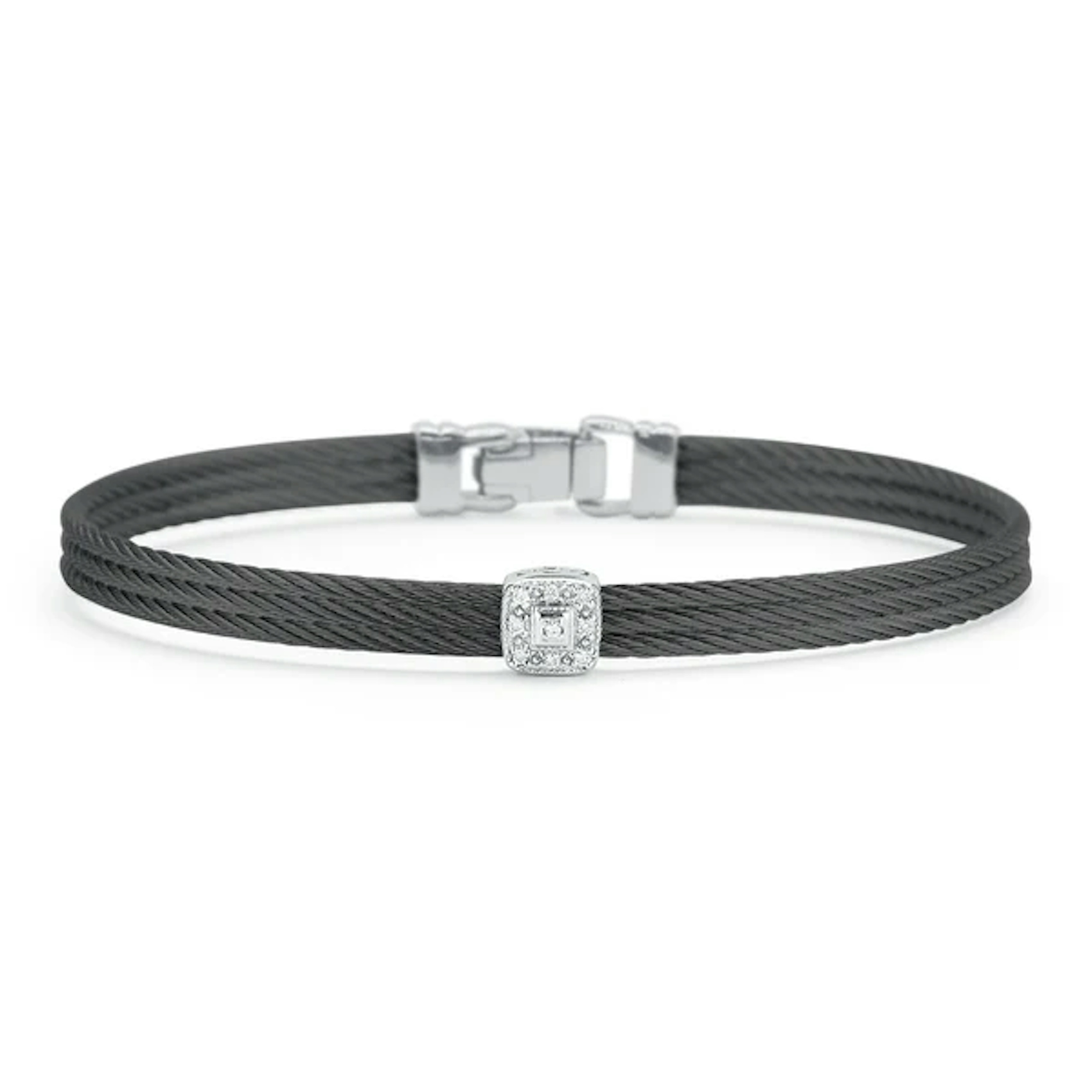 Vertical Stainelss Steel and 18K White Gold Classqiue Diamond Black Cable 3-Row Bangle