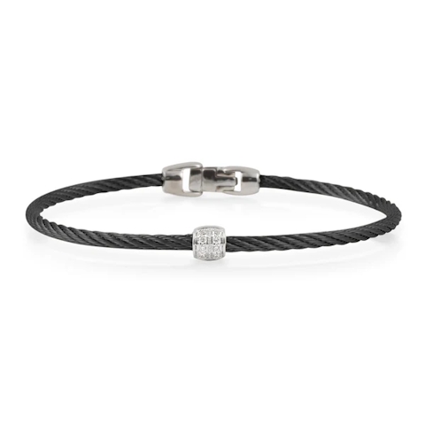 Vertical Stainless Steel and 18K White Gold Classique Diamond Black Cable Bangle